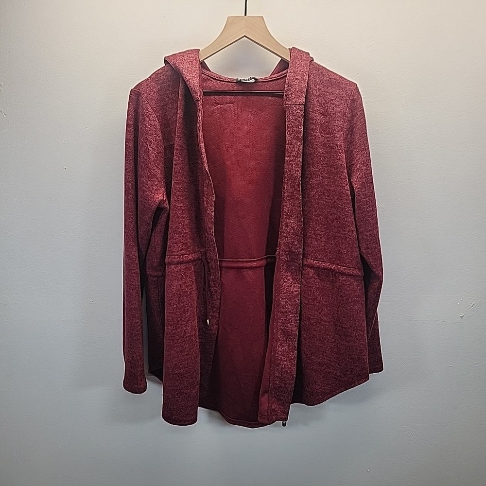 Venus Burgundy Heathered Knit Open‎ Front Hooded Cardigan Sweater Jacket Size L